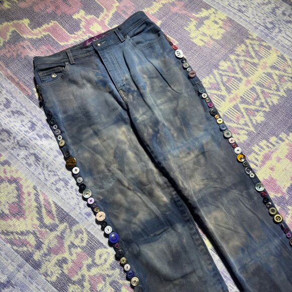 Gloria Vanderbilt Blue Black Tie Dye Side Button Jeans Women's 6 Long 6L - Picture 1 of 15